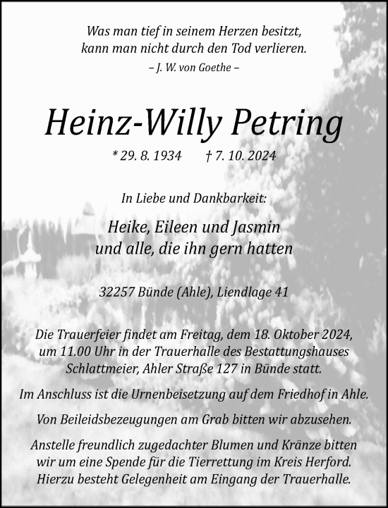 Traueranzeige von Heinz-Willy Petring von Neue Westfälische