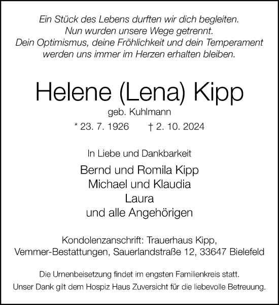 Traueranzeige von Helene Kipp von Neue Westfälische