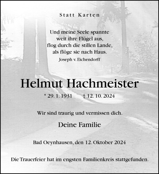 Traueranzeige von Helmut Hachmeister von Neue Westfälische