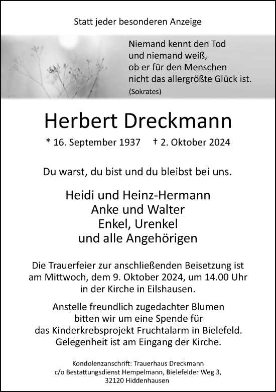 Traueranzeige von Herbert Dreckmann von Neue Westfälische