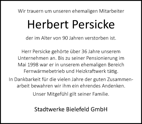 Traueranzeige von Herbert Persicke von Neue Westfälische