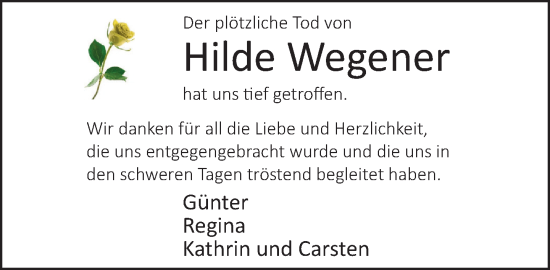 Traueranzeige von Hilde Wegener von Neue Westfälische