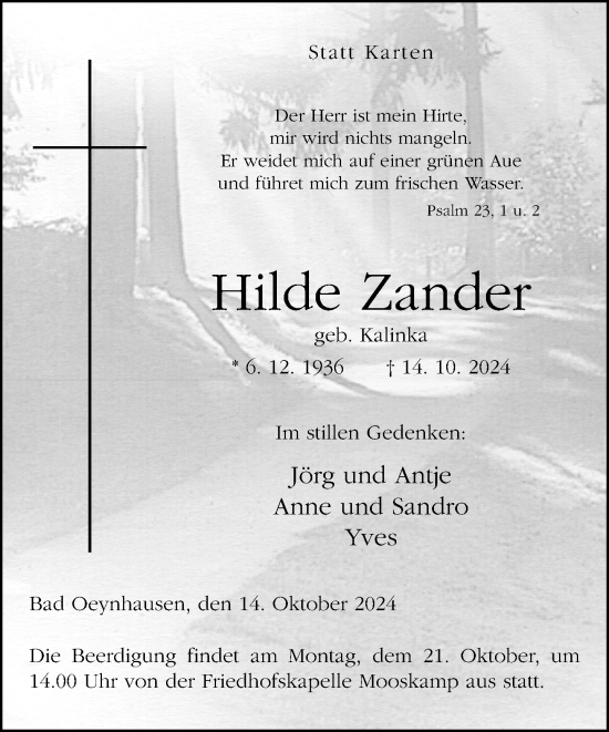 Traueranzeige von Hilde Zander von Neue Westfälische