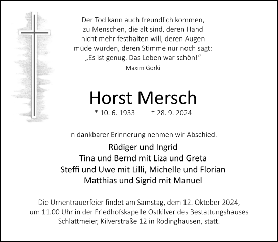 Traueranzeige von Horst Mersch von Neue Westfälische