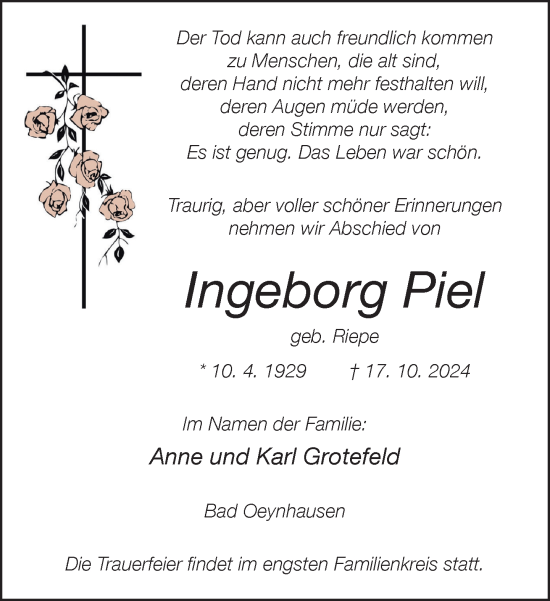 Traueranzeige von Ingeborg Piel von Neue Westfälische