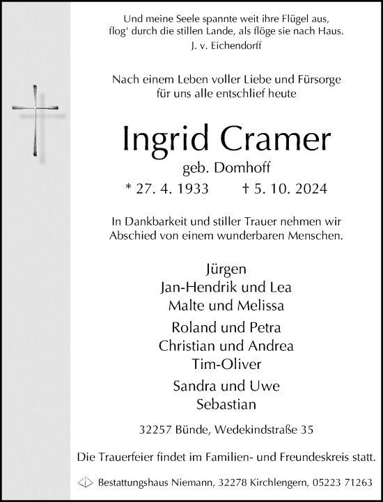 Traueranzeige von Ingrid Cramer von Neue Westfälische