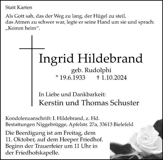 Traueranzeige von Ingrid Hildebrand von Neue Westfälische