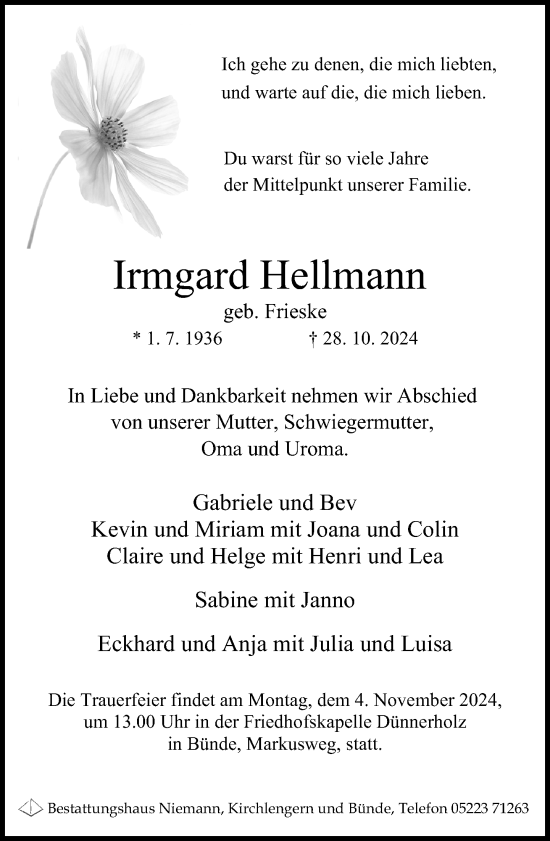 Traueranzeige von Irmgard Hellmann von Neue Westfälische