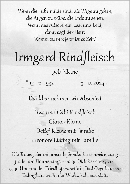 Traueranzeige von Irmgard Rindfleisch von Neue Westfälische