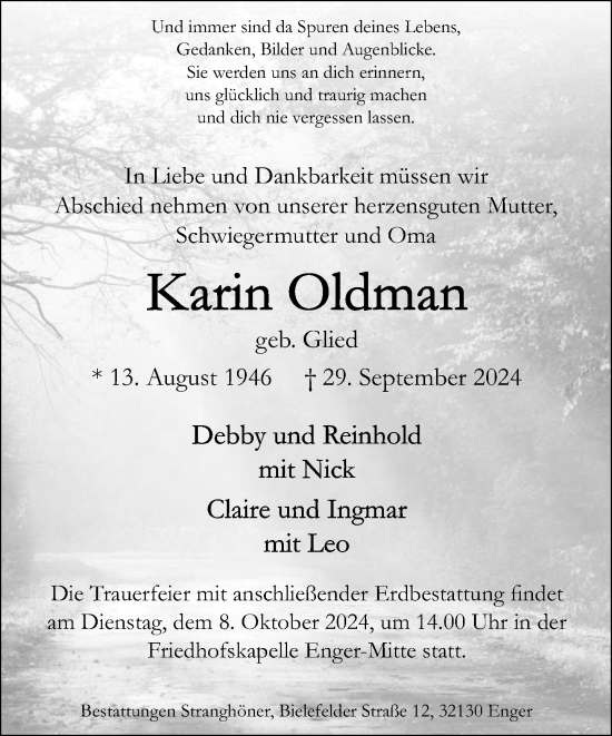 Traueranzeige von Karin Oldman von Neue Westfälische