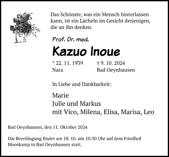 Traueranzeige von Kazuo Inoue von Neue Westfälische