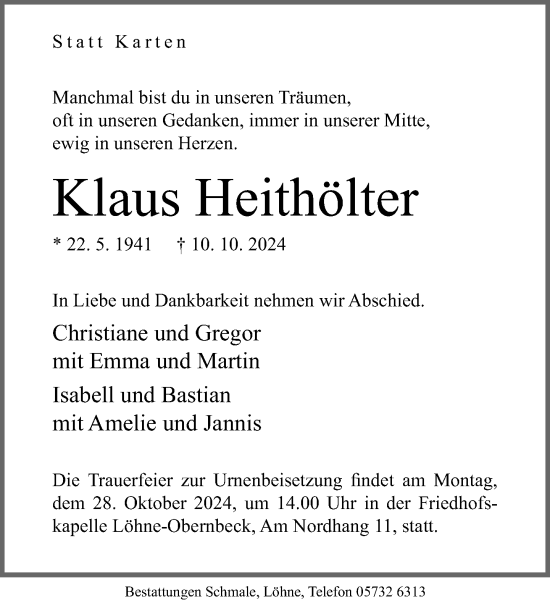 Traueranzeige von Klaus Heithölter von Neue Westfälische