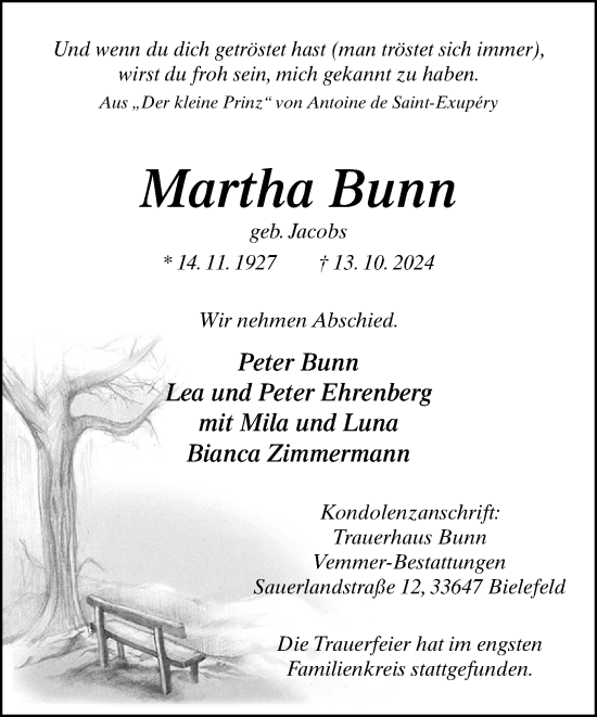 Traueranzeige von Martha Bunn von Neue Westfälische