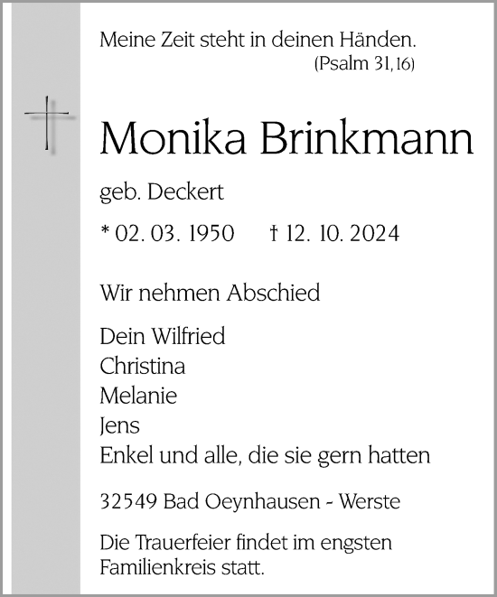 Traueranzeige von Monika Brinkmann von Neue Westfälische