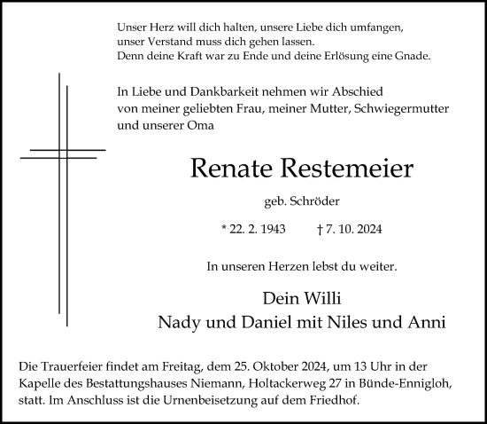 Traueranzeige von Renate Restemeier von Neue Westfälische