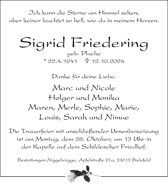 Traueranzeige von Sigrid Friedering von Neue Westfälische