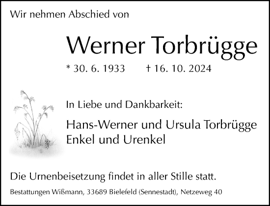 Traueranzeige von Werner Torbrügge von Neue Westfälische