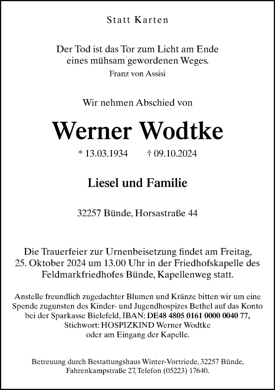 Traueranzeige von Werner Wodtke von Neue Westfälische