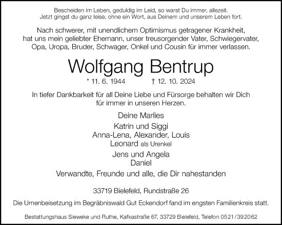 Traueranzeige von Wolfgang Bentrup von Neue Westfälische