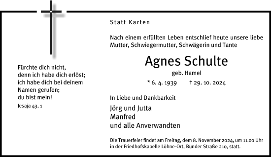 Traueranzeige von Agnes Schulte von Neue Westfälische