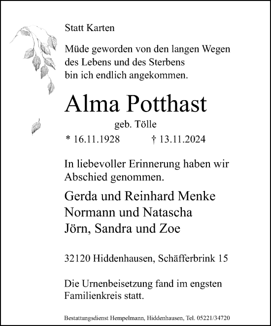 Traueranzeige von Alma Potthast von Neue Westfälische