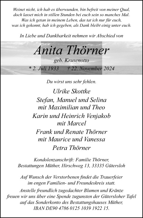 Traueranzeige von Anita Thörner von Neue Westfälische