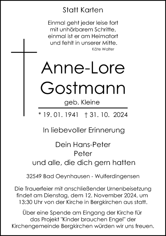 Traueranzeige von Anne-Lore Gostmann von Neue Westfälische