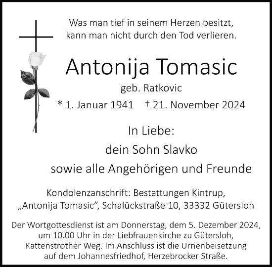 Traueranzeige von Antonija Tomasic von Neue Westfälische