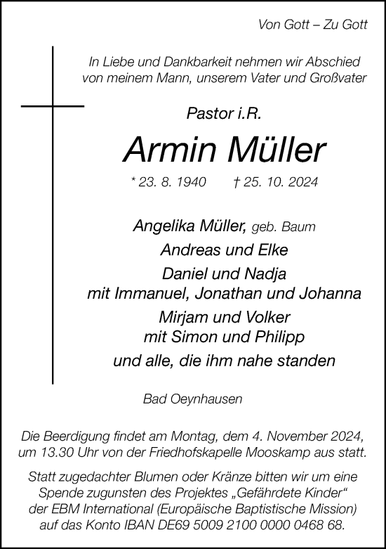 Traueranzeige von Armin Müller von Neue Westfälische