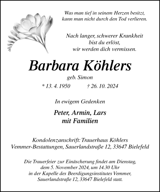 Traueranzeige von Barbara Köhlers von Neue Westfälische