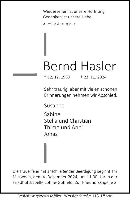 Traueranzeige von Bernd Hasler von Neue Westfälische