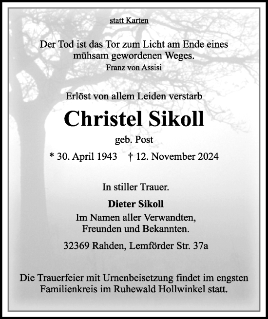 Traueranzeige von Christel Sikoll von Neue Westfälische