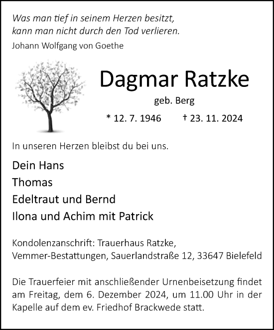 Traueranzeige von Dagmar Ratzke von Neue Westfälische