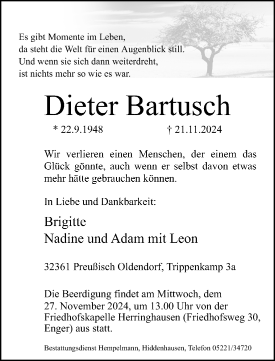 Traueranzeige von Dieter Bartusch von Neue Westfälische