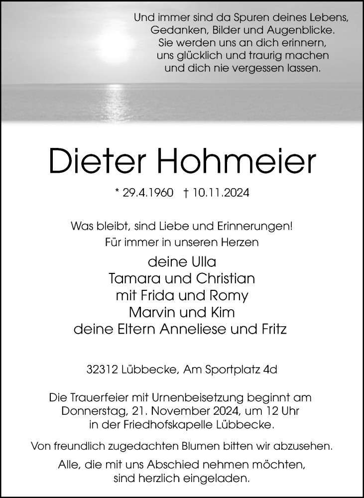  Traueranzeige für Dieter Hohmeier vom 16.11.2024 aus Neue Westfälische