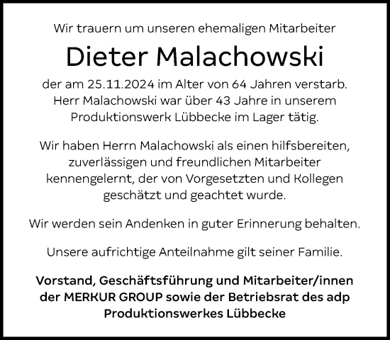 Traueranzeige von Dieter Malachowski von Neue Westfälische