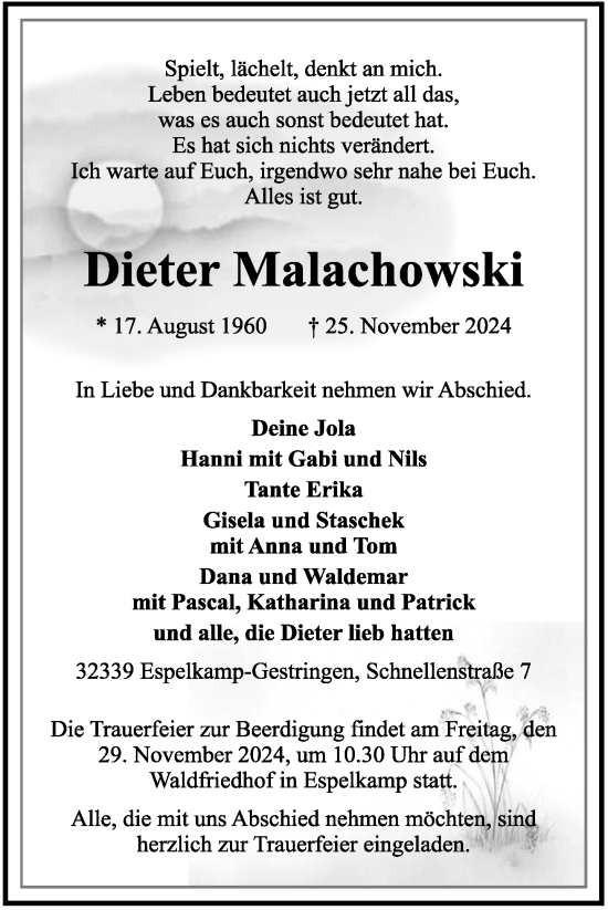 Traueranzeige von Dieter Malachowski von Neue Westfälische