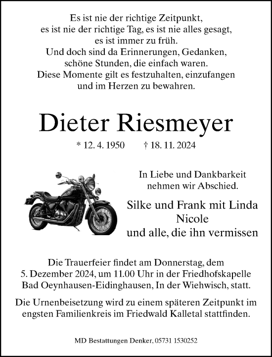 Traueranzeige von Dieter Riesmeyer von Neue Westfälische