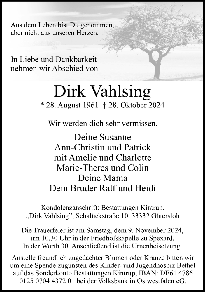  Traueranzeige für Dirk Vahlsing vom 01.11.2024 aus Neue Westfälische