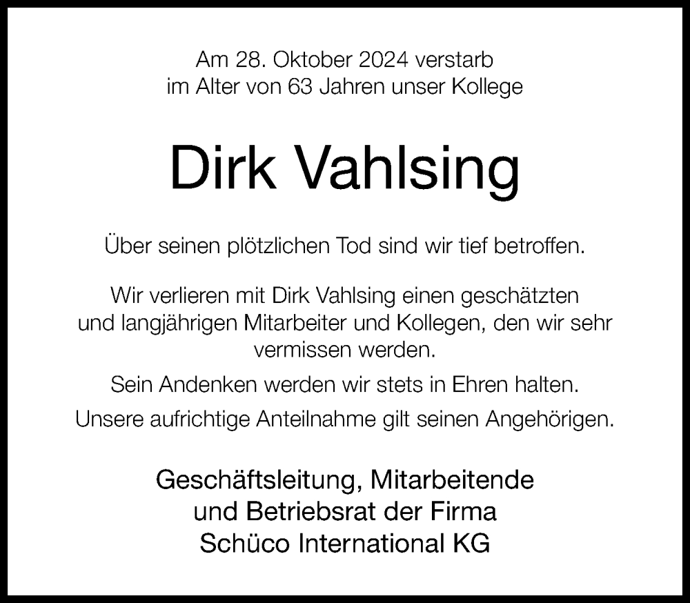  Traueranzeige für Dirk Vahlsing vom 09.11.2024 aus Neue Westfälische