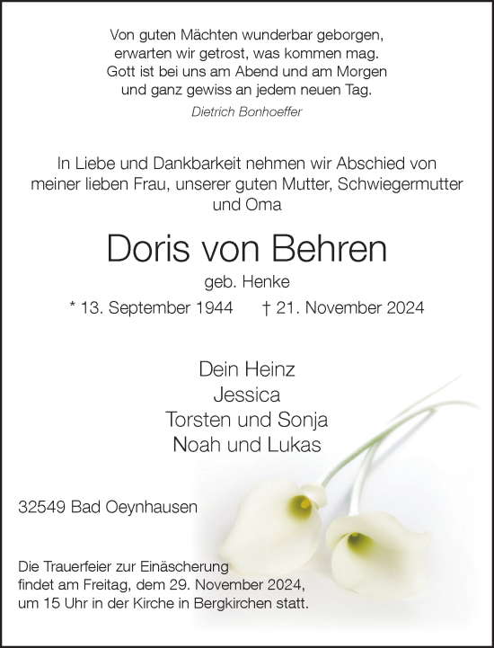 Traueranzeige von Doris von Behren von Neue Westfälische