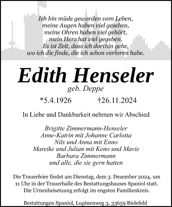 Traueranzeige von Edith Henseler von Neue Westfälische