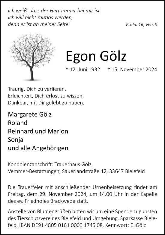 Traueranzeige von Egon Gölz von Neue Westfälische