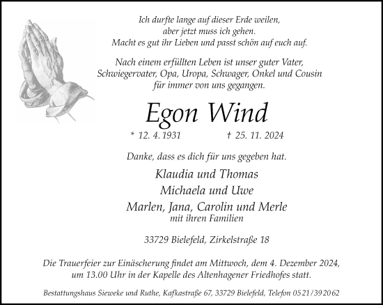 Traueranzeige von Egon Wind von Neue Westfälische