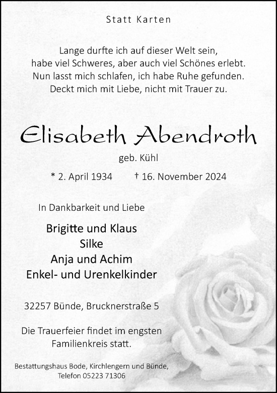 Traueranzeige von Elisabeth Abendroth von Neue Westfälische