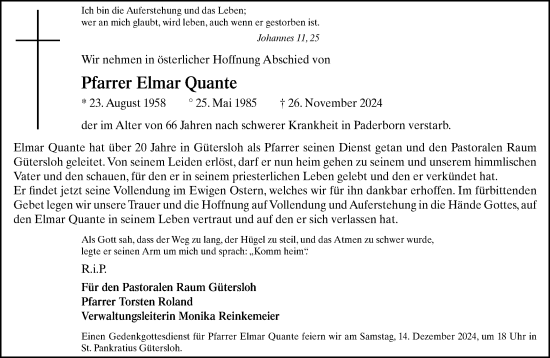 Traueranzeige von Elmar Quante von Neue Westfälische