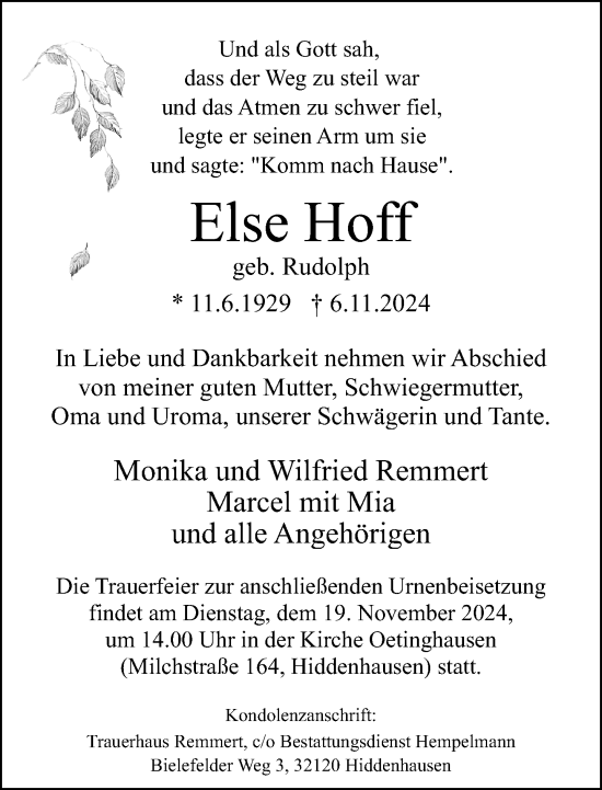 Traueranzeige von Else Hoff von Neue Westfälische