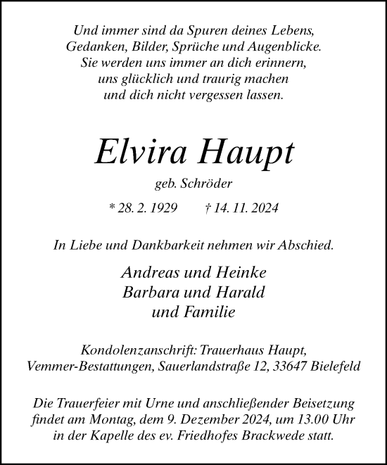 Traueranzeige von Elvira Haupt von Neue Westfälische