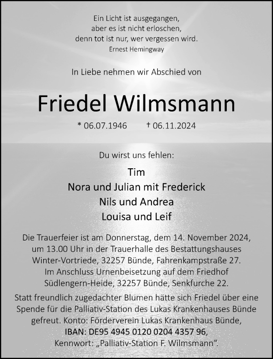 Traueranzeige von Friedel Wilmsmann von Neue Westfälische