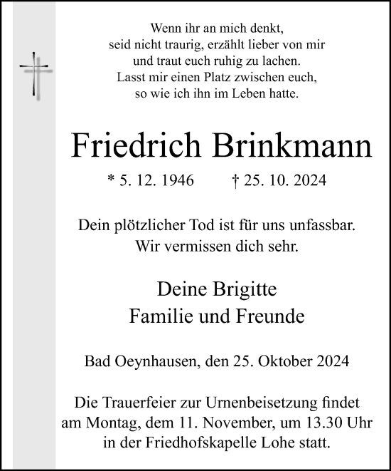 Traueranzeige von Friedrich Brinkmann von Neue Westfälische